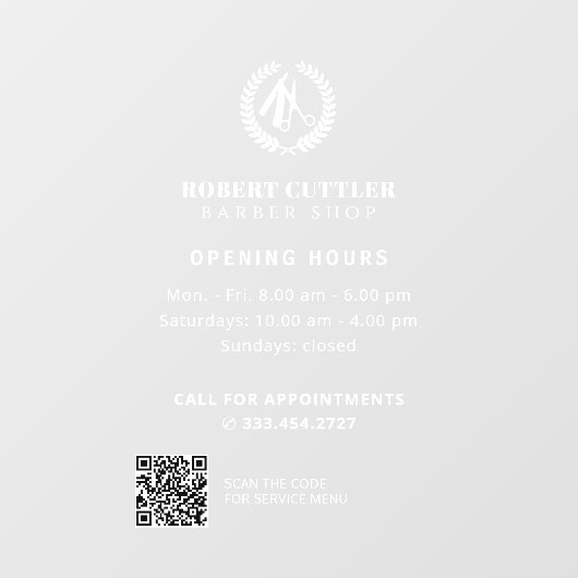 理容室の営業時間カスタムロゴQRコード ウィンドウサイン (シート)