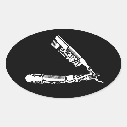 理容師かみそりアイコン 楕円形シール (正面)