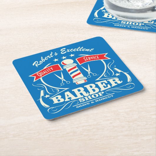理容師のスタイリストはモノグラムのな理髪店に用具を使います スクエアペーパーコースター (アングル)
