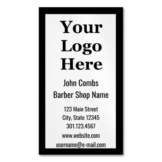 理容師の白黒あなたのロゴはこちらBarbershop マグネット名刺 (正面縦)