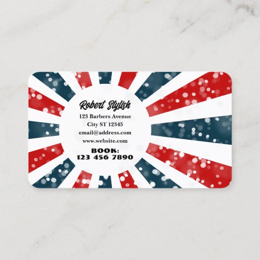理容師はロゴ付きの青と赤のストライプを輝かせる 名刺 (裏面)