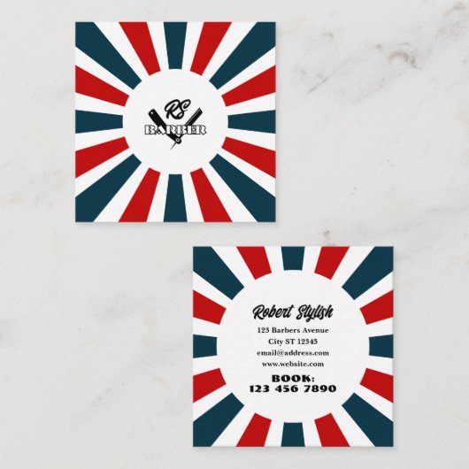 理容師はロゴ付き青と赤ストライプのレンズを光線 スクエア名刺 (正面/裏面)