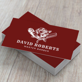 理容師カミソリ&バラロゴバーバーショップダークレッド 名刺