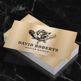 理容師カミソリ&バラロゴバーバーショップ金ゴールドヘア 名刺