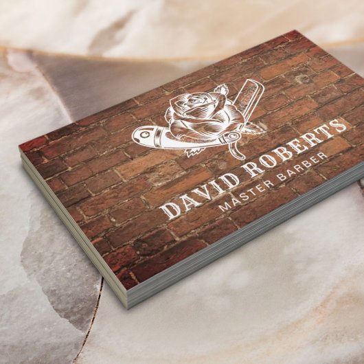 理容師カミソリ&バラロゴバーバーバーショップレッドブリックヘア 名刺