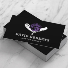 理容師カミソリ&パープルバラバーバーショップブラックヘア 名刺