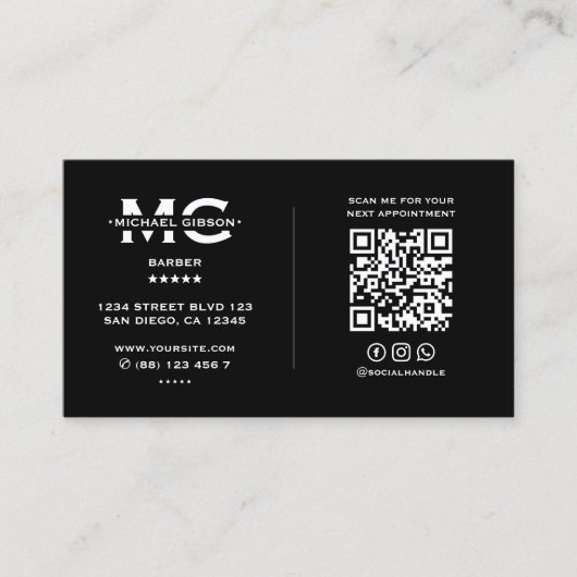 理容師クラシックポールブラックバーバーショップアポイントメント 名刺 (正面)