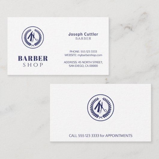 理容師ショッカスタムプのロシンプルゴモダンネイビーホワイト 名刺 (正面/裏面)