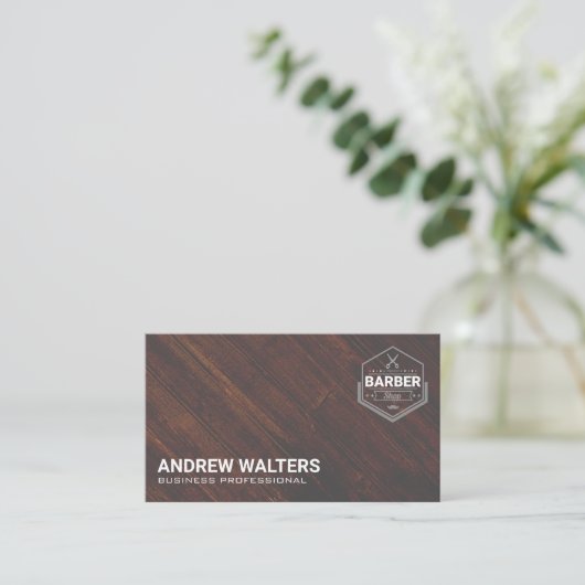 理容師ショップのロゴ | 木製板 名刺 (スタンド正面)