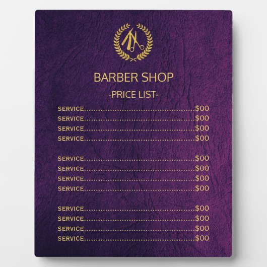 理容師ショップパープルレザールック価格表 フォトプラーク (正面)