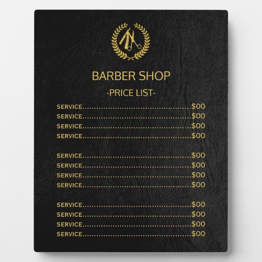 理容師ショップブラックレザールック価格表 フォトプラーク (正面)