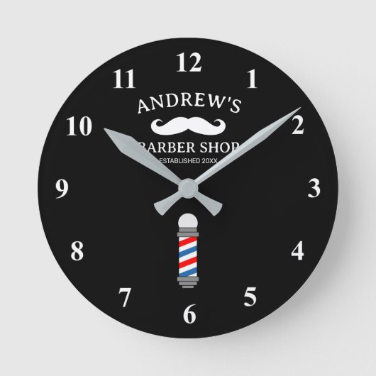 理容師ショップポール男性へウォールクロックのヘアサロン ラウンド壁時計 (正面)