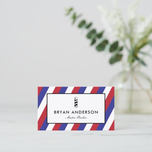 理容師ショップポール – 赤青色ストライプの名刺 名刺 (スタンド正面)