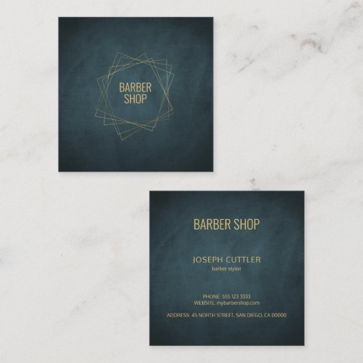 理容師ショップミニマルネイビー金ゴールドタイポグラフィ幾何学 スクエア名刺 (正面/裏面)