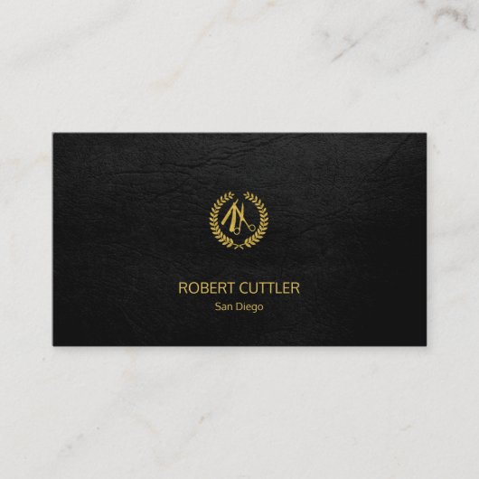 理容師ショップラグジュアリーシンプルブラックレザールック 名刺 (正面)