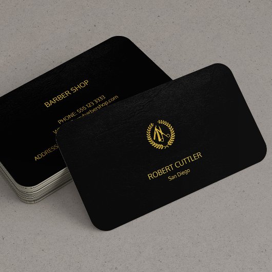 理容師ショップラグジュアリーシンプルブラックレザールック 名刺