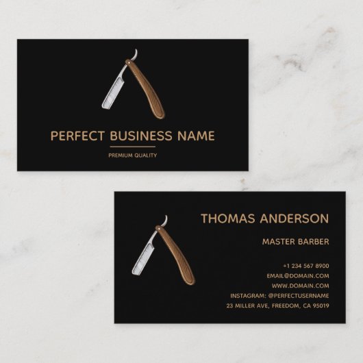 理容師ショップヴィンテージShave Razorロゴエレガント澄ん 名刺 (正面/裏面)