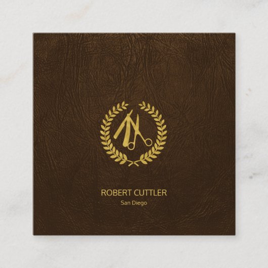 理容師スタイリスト高級金ゴールドダークブラウンレザールック スクエア名刺 (正面)