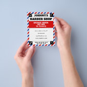 理容師ストライプ赤と青の枠 チラシ (手)