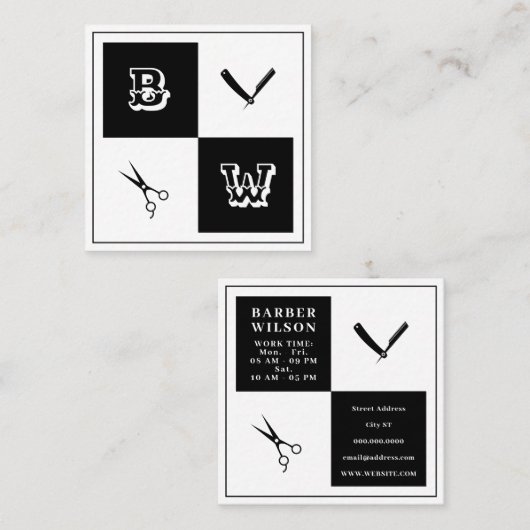 理容師ツールコートオブアームズ白黒 スクエア名刺 (正面/裏面)
