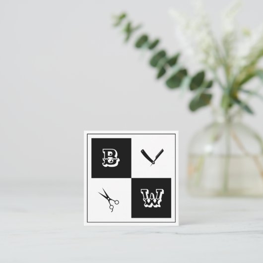 理容師ツールコートオブアームズ白黒 スクエア名刺 (スタンド正面)