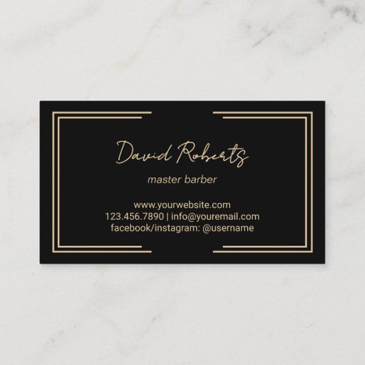 理容師ティール（緑がかった色）スクリプト金ゴールドフレーム美容師ブラック 名刺 (裏面)