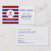 理容師ネイビー白赤ストライプのモダン紹介 紹介カード (正面/裏面)