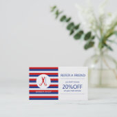 理容師ネイビー白赤ストライプのモダン紹介 紹介カード (スタンド正面)