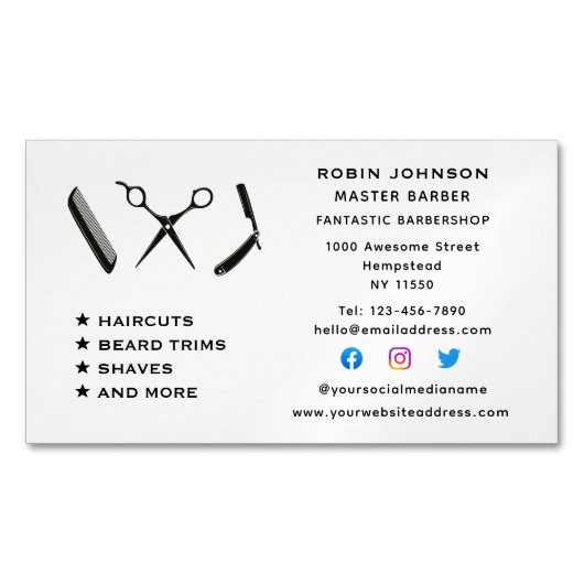 理容師バーバーショップヒゲのトリムひげそりソーシャルメディア マグネット名刺 (正面)