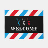 理容師バーバーショップブルーレッドストライプ歓迎 ドアマット (正面)