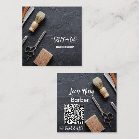 理容師バーバーショッププロフェッショナルQRグレー スクエア名刺 (正面/裏面)