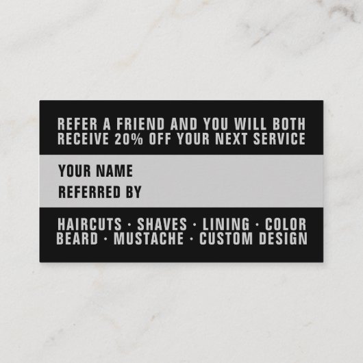 理容師ブラックグレーはっきりしたタイポグラフィ紹介カード 紹介カード (裏面)