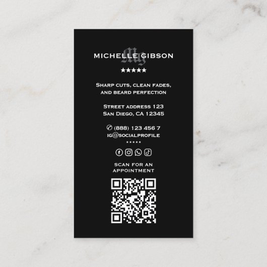 理容師ブラックミニマルバーモダンバーショップ 名刺 (裏面)