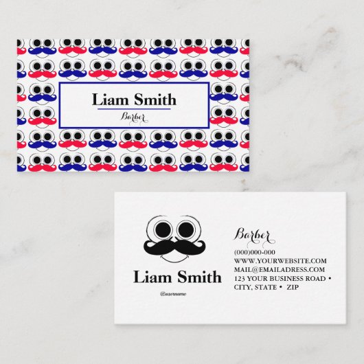 理容師ブルーレッドひげ繰り返しパターン名刺 名刺 (正面/裏面)