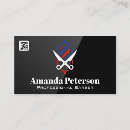 理容師ポールとシザーズロゴ | QRコード 名刺 (正面)