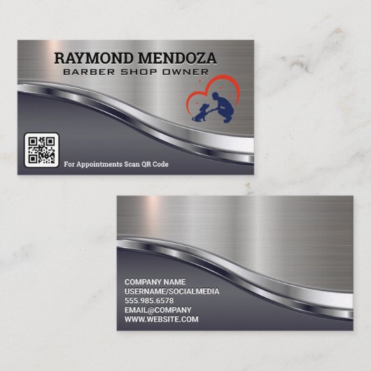 理容師ポールロゴ | QRコード ハサミのビジネスカー 名刺 (正面/裏面)