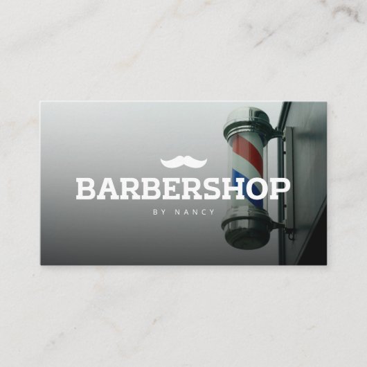 理容師ポール写真と口ひげロゴのバーバーバーショップ 名刺 (正面)