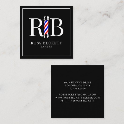 理容師ポール理容師美容師ブラックホワイト スクエア名刺 (正面/裏面)