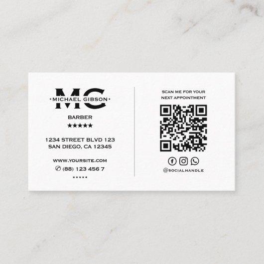 理容師ミニマルホワイトバーバーショップロイヤリティはさみ 名刺 (正面)