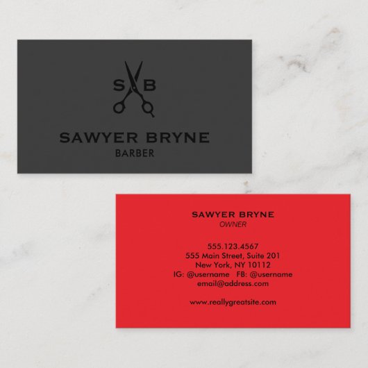 理容師モダン美容師シザーズブラックレッド 名刺 (正面/裏面)