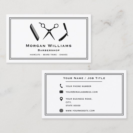 理容師ユニークバーバーショップヘアカットひげトリムシェービング 名刺 (正面/裏面)