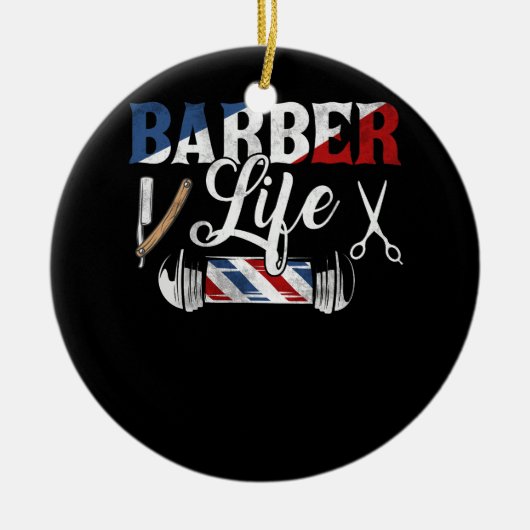 理容師ライフポールはさみ刃ヴィンテージショップヘア セラミックオーナメント (正面)