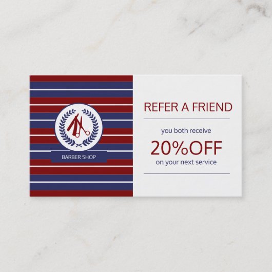 理容師レッド・ネイビー・ホワイト・ロゴストライプののモダン紹介 紹介カード (正面)
