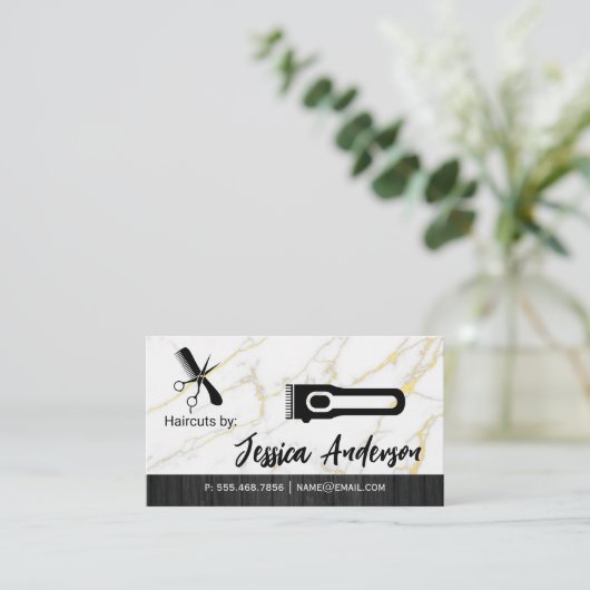 理容師切り鋏 | 大理石ウッド 名刺 (スタンド正面)