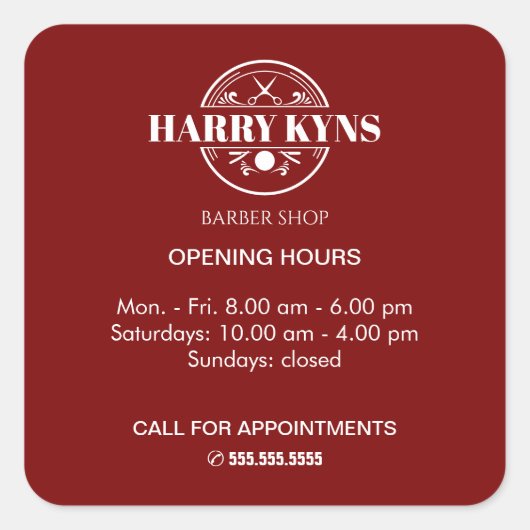理容師店の開店時間カスタム スクエアシール (正面)