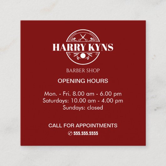 理容師店の開店時間カスタム スクエア名刺 (正面)