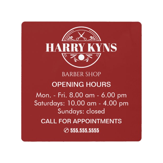 理容師店の開店時間カスタム メタルプリント (正面)