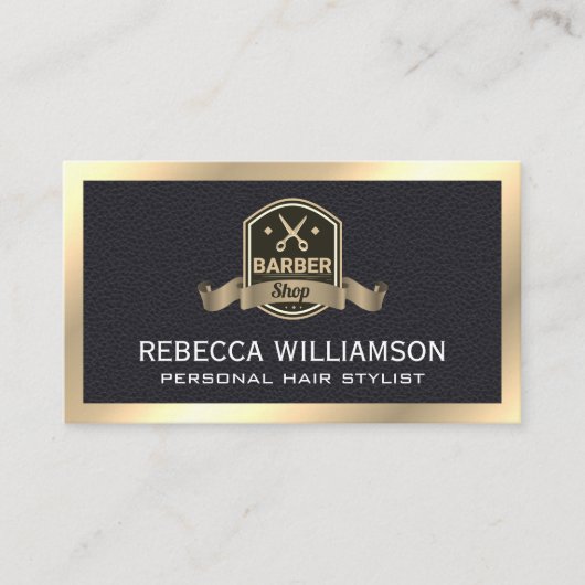 理容師店はさみ | レザー金ゴールド金属トリム 名刺 (正面)