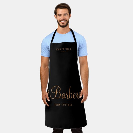 理容師店員パーソナライズされたブラック&金ゴールド エプロン (着用した状態)