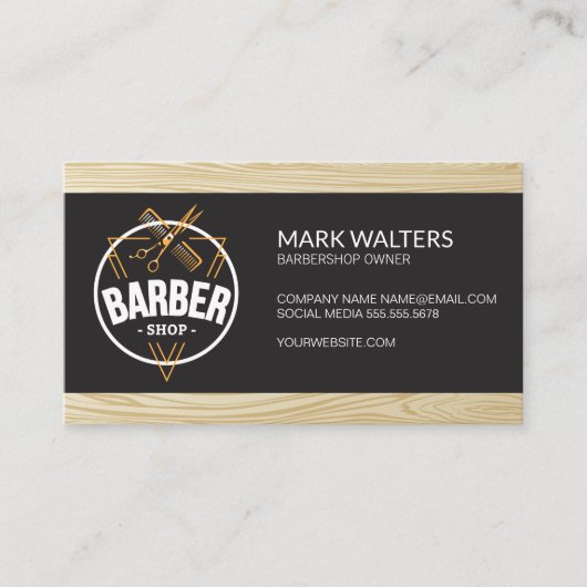 理容師店 | 理容師ロゴ | ウッド 名刺 (正面)